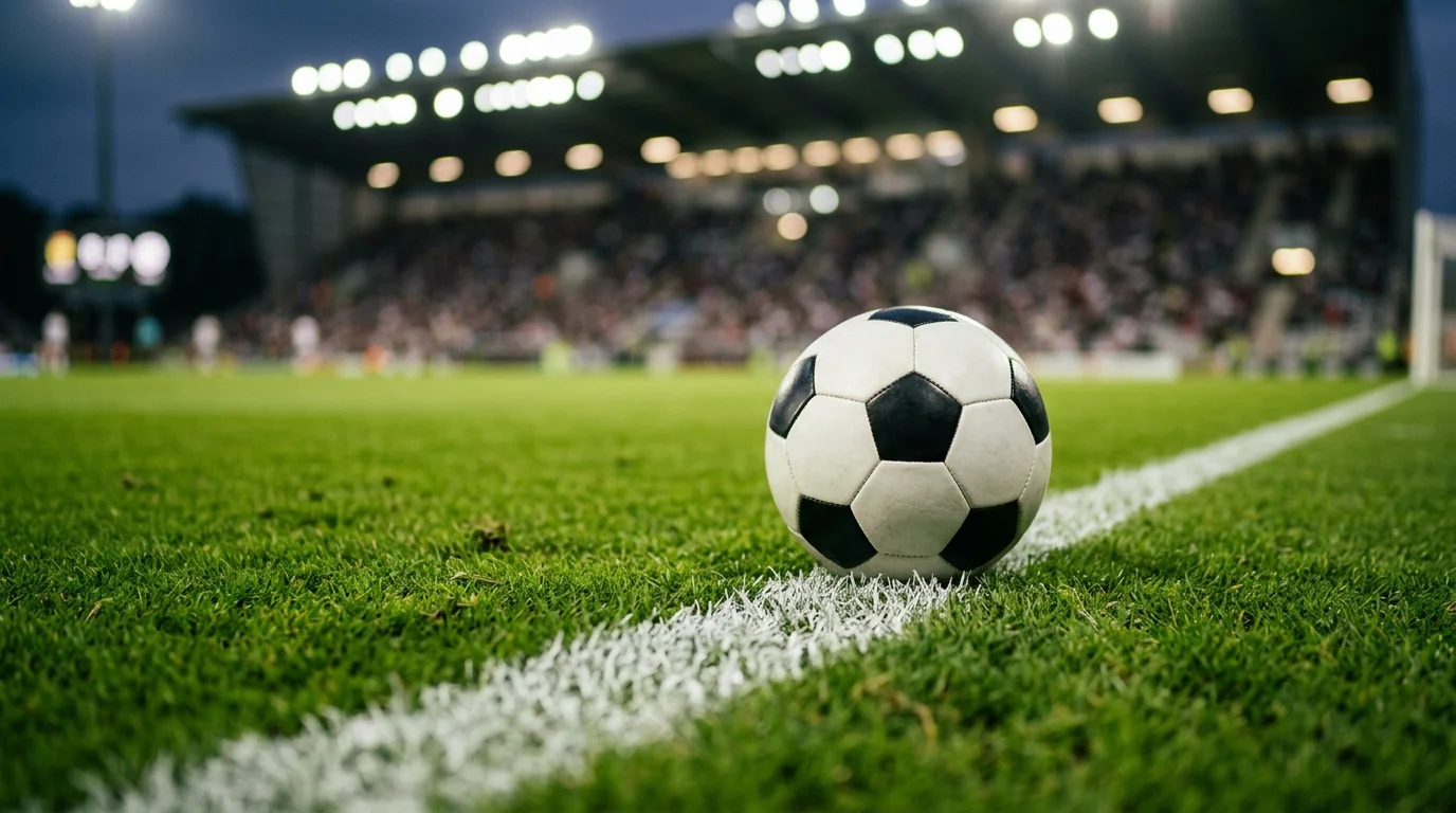 A soccer ball on the grass pitch line.