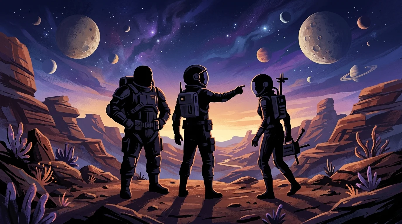 Silhouettes of three space explorers standing on a foreign planet.