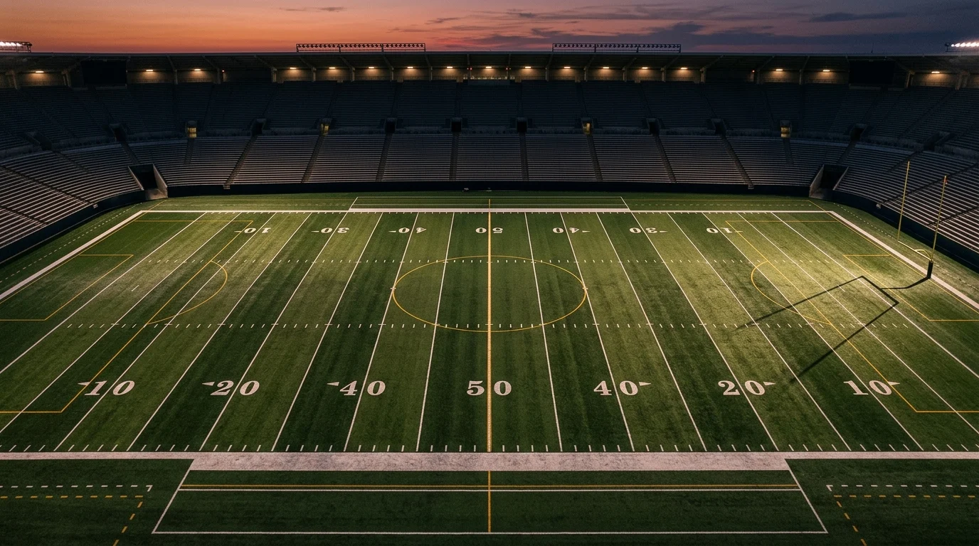 An empty football field with prominent yard lines under stadium lights.
