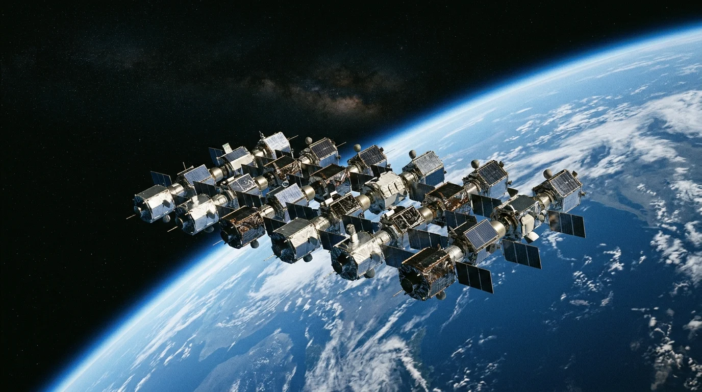 A group of next-generation satellites drifting in orbit above Earth.