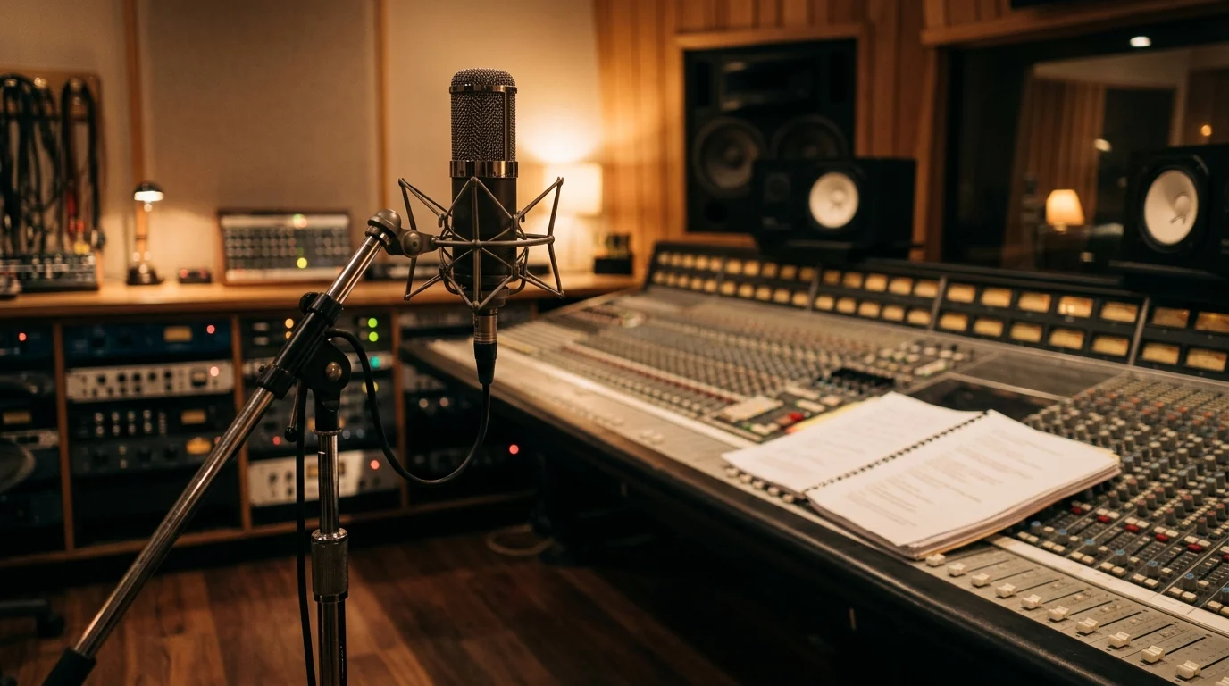 A conceptual image of a recording studio with a microphone and a script.