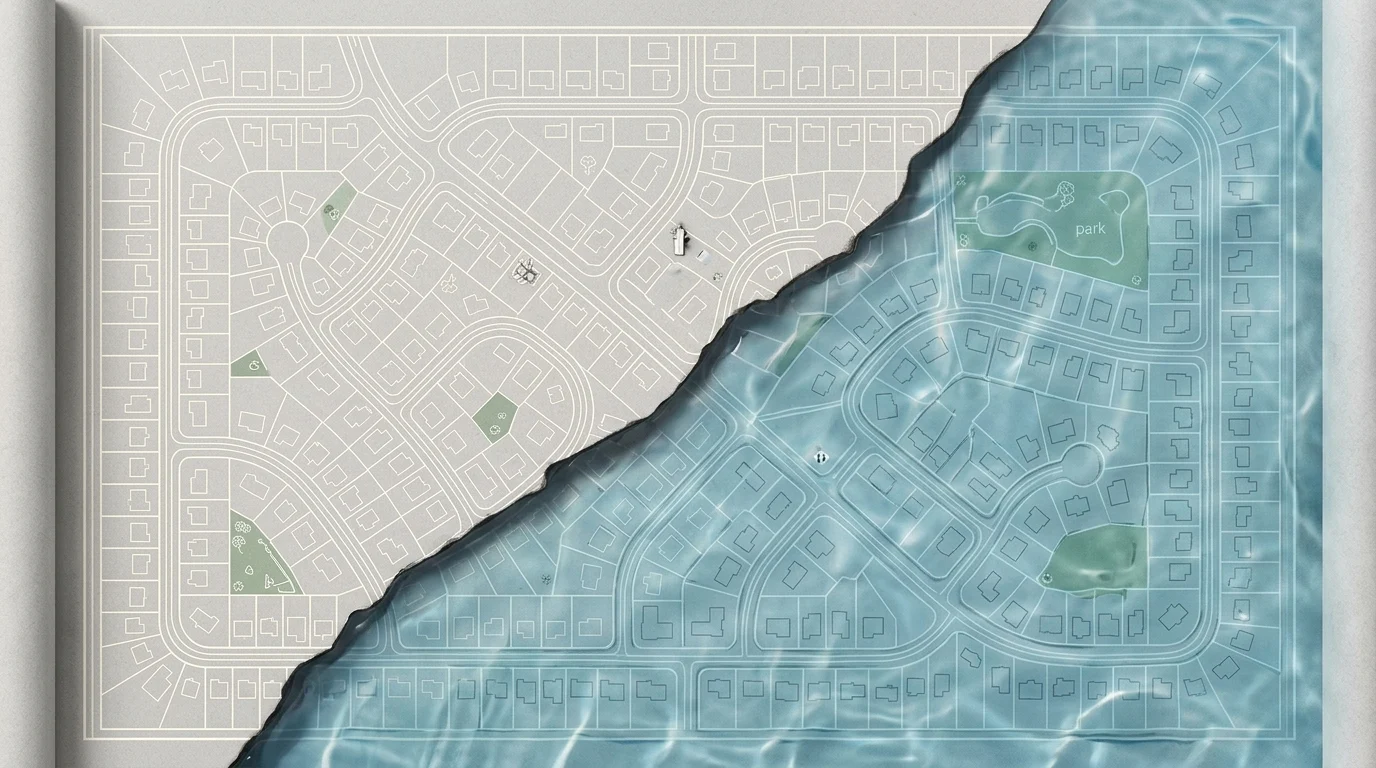 Conceptual blueprint showing property lines partially submerged in water.