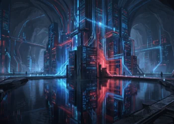 A conceptual digital illustration representing a massive data center infrastructure.