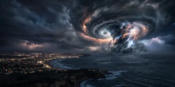 Conceptual depiction of a massive hurricane vortex over a dark ocean and coastal city.