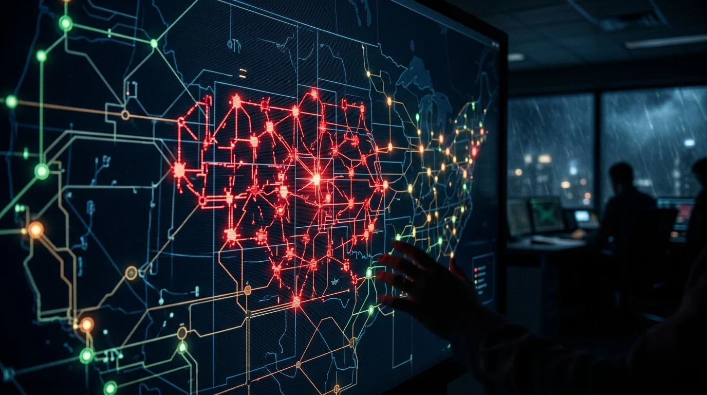 A digital map showing a collapsing power grid during a storm.