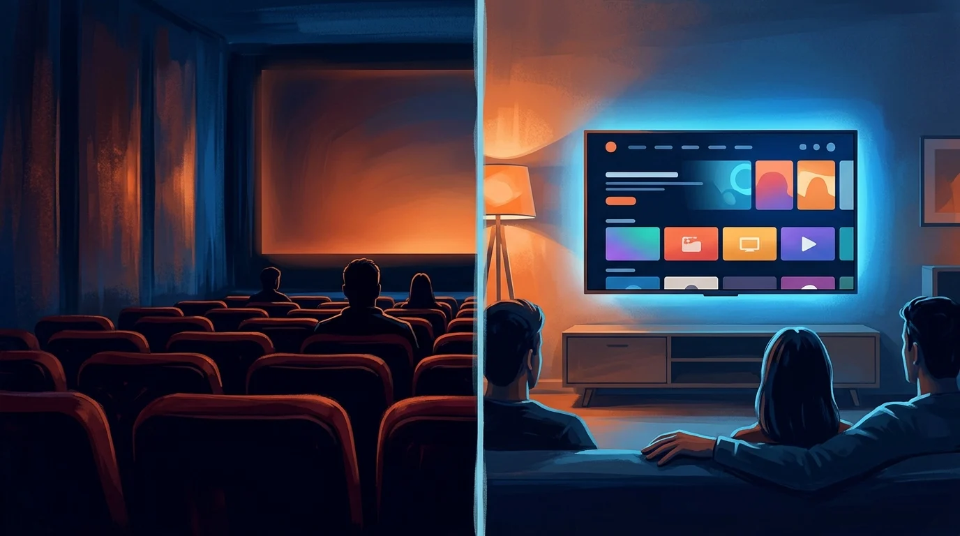 Conceptual illustration of a cinema screen next to a streaming interface.