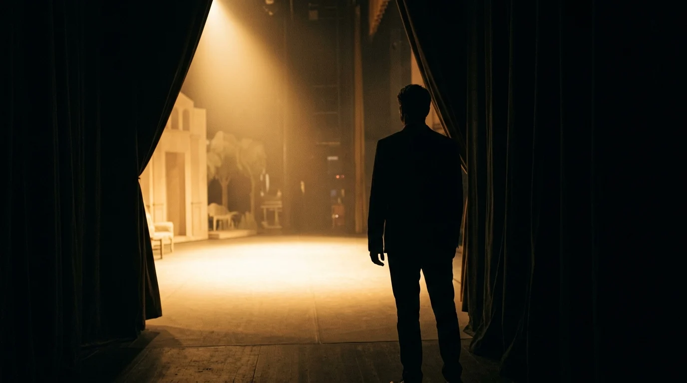 A silhouette of an anonymous silhouettes in theater wings.