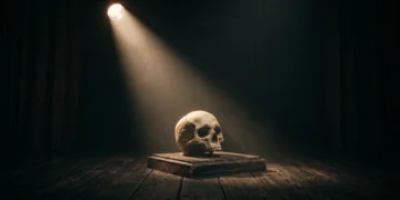 A theatrical skull under a single spotlight on a dark stage.