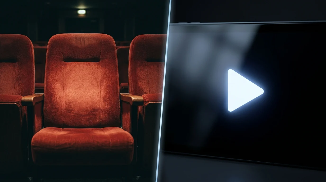 A conceptual image contrasting empty theatrical seats with digital streaming symbols.