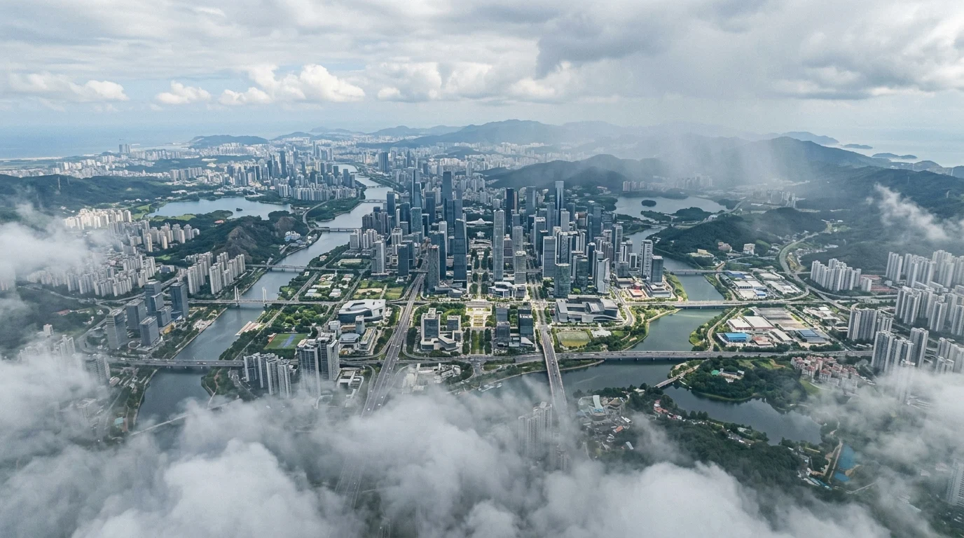 A fictional city capital viewed from the sky through clouds.