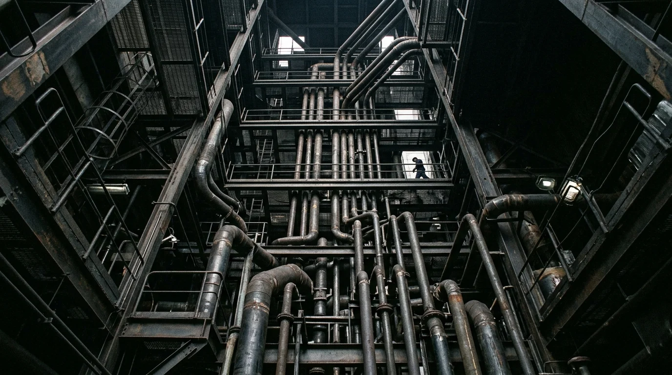 Multi-level industrial pipe system inside a dark tower.