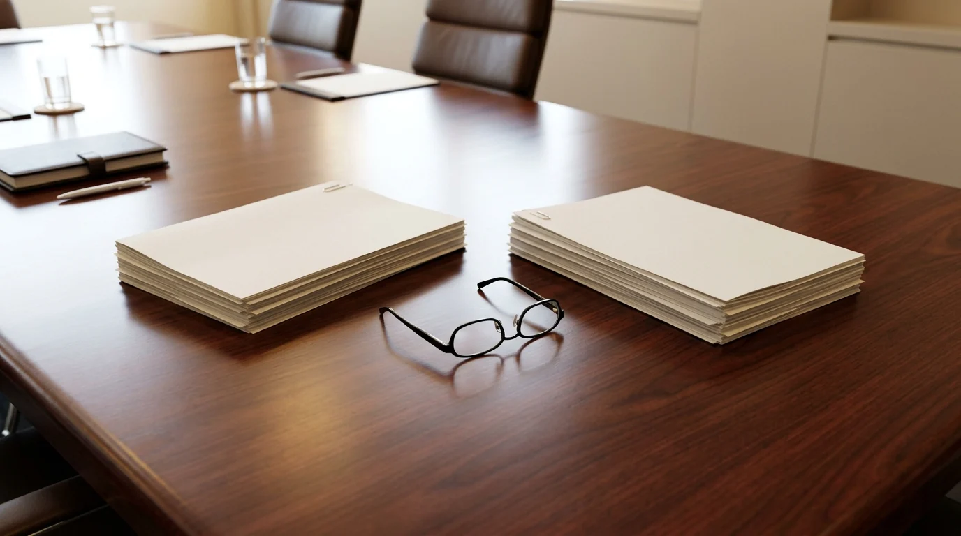 A boardroom table with documents and glasses signifying a compliance assessment period.