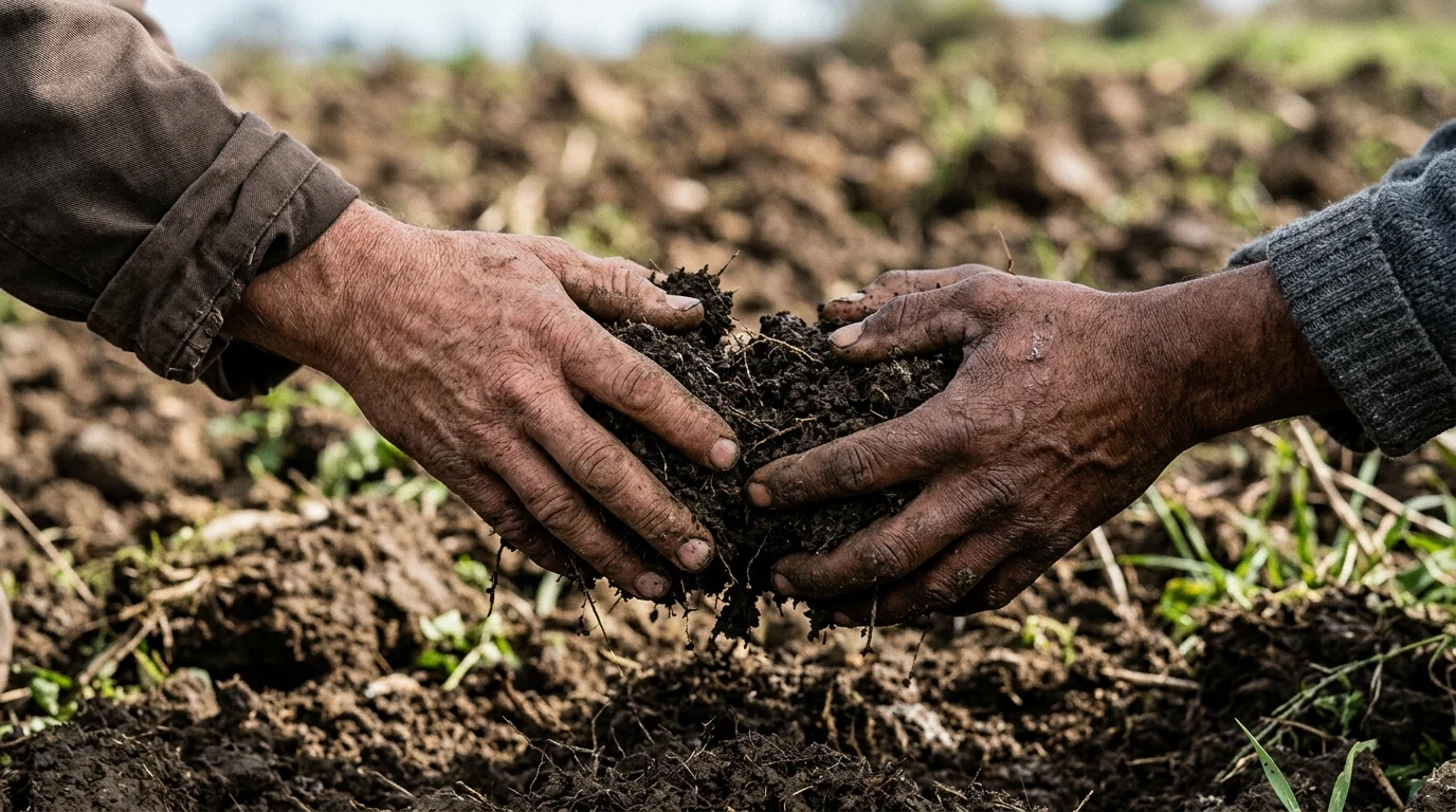 Two hands reaching for soil in a symbolic gesture of heritage.