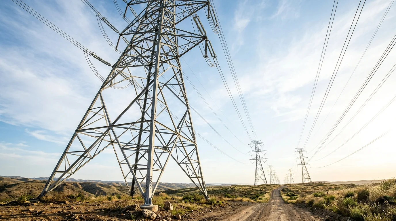 High-voltage electricity pylons against a clear sky.