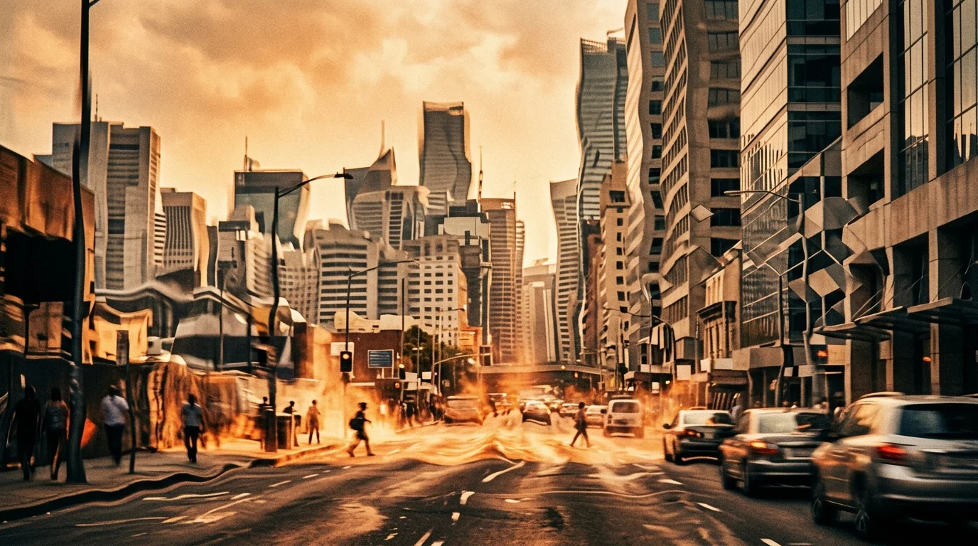 Conceptual illustration of shimmering heat waves over a minimalist city.
