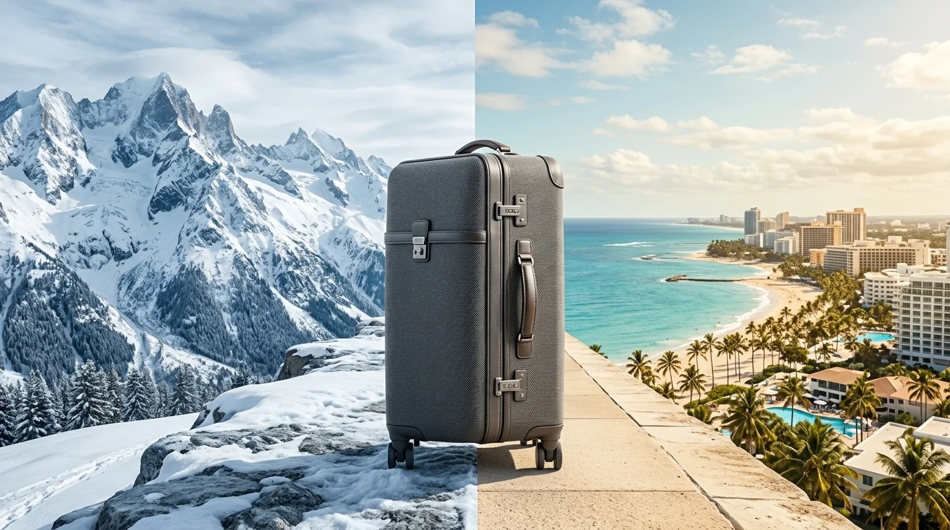 A conceptual image of a suitcase between mountain and coastal landscapes.
