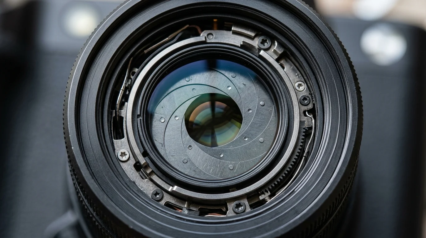 Close-up of a mobile camera system with variable aperture iris.