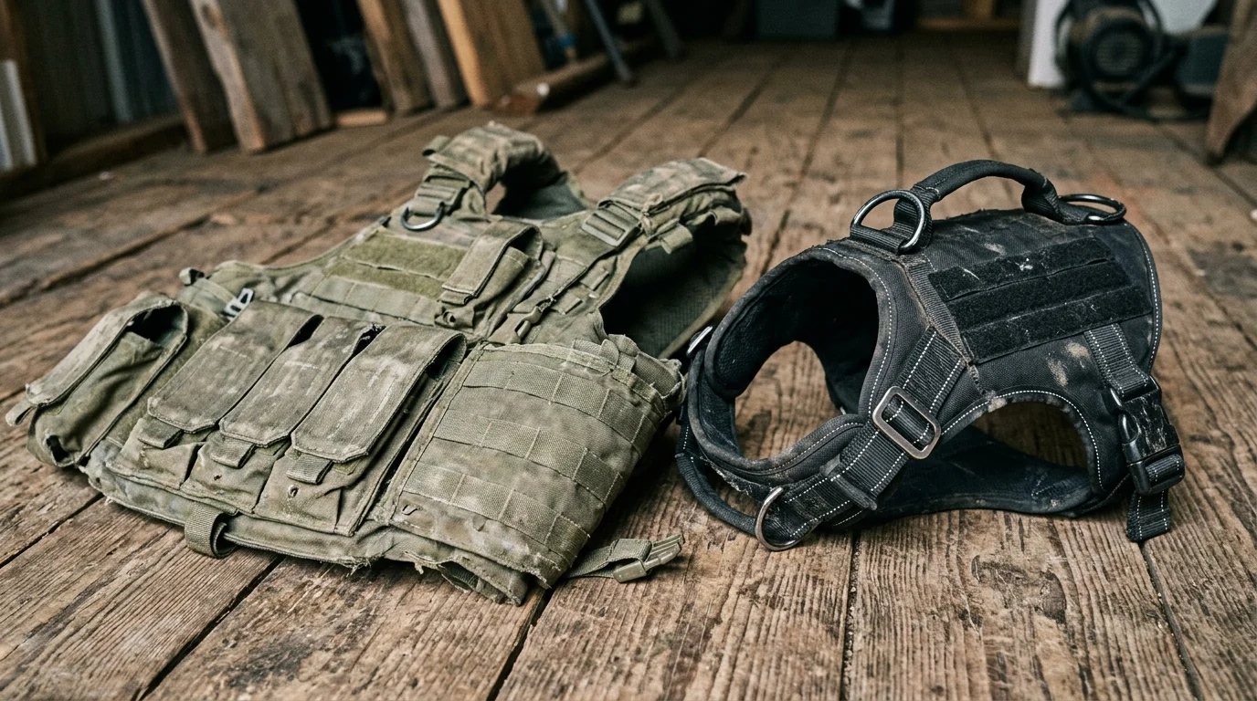A military tactical vest and a service dog harness sitting together.