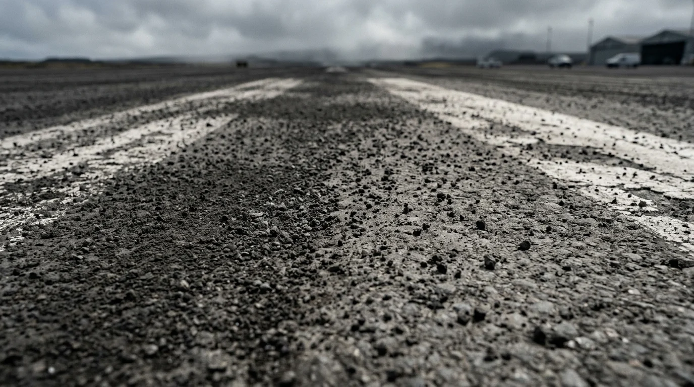 Grey volcanic ash settled on a dark asphalt surface.