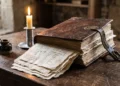 An open ancient leather ledger with loose parchment pages on a dark wooden table.