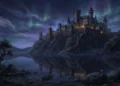 Conceptual digital art of a large stone castle at night under a starry sky reflecting in a lake.