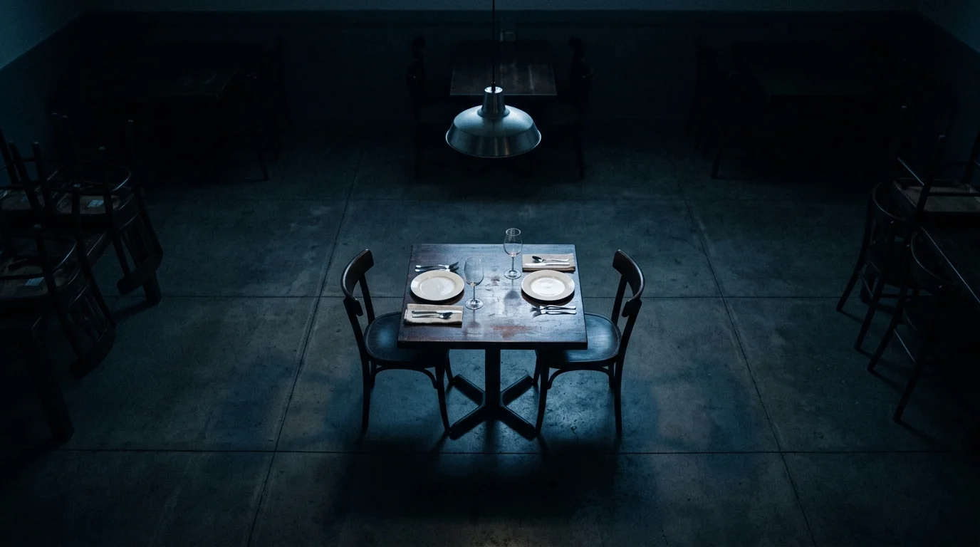 An empty restaurant table in a dark, atmospheric setting.