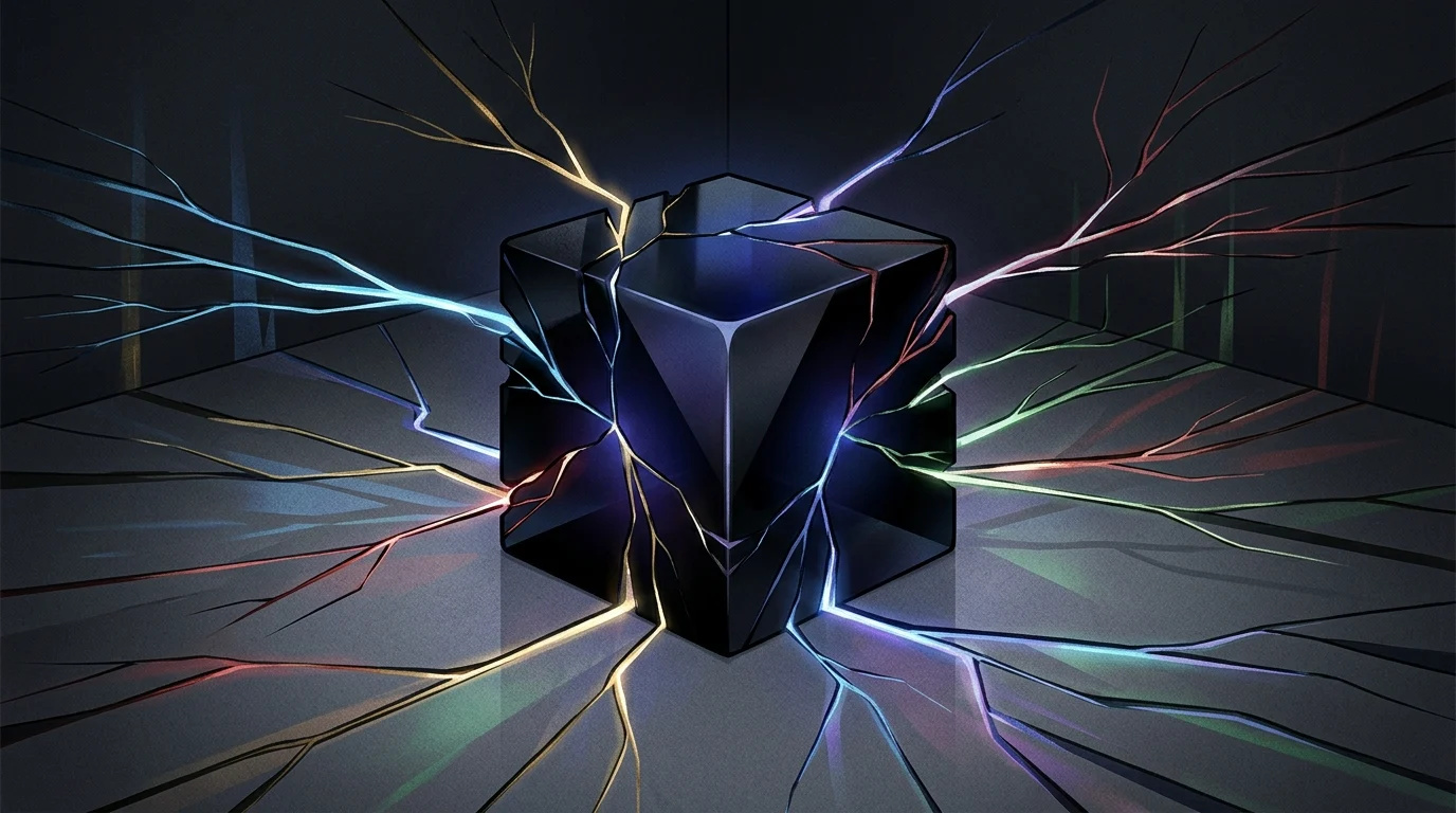 An abstract glowing black cube representing a portal to alternate realities.