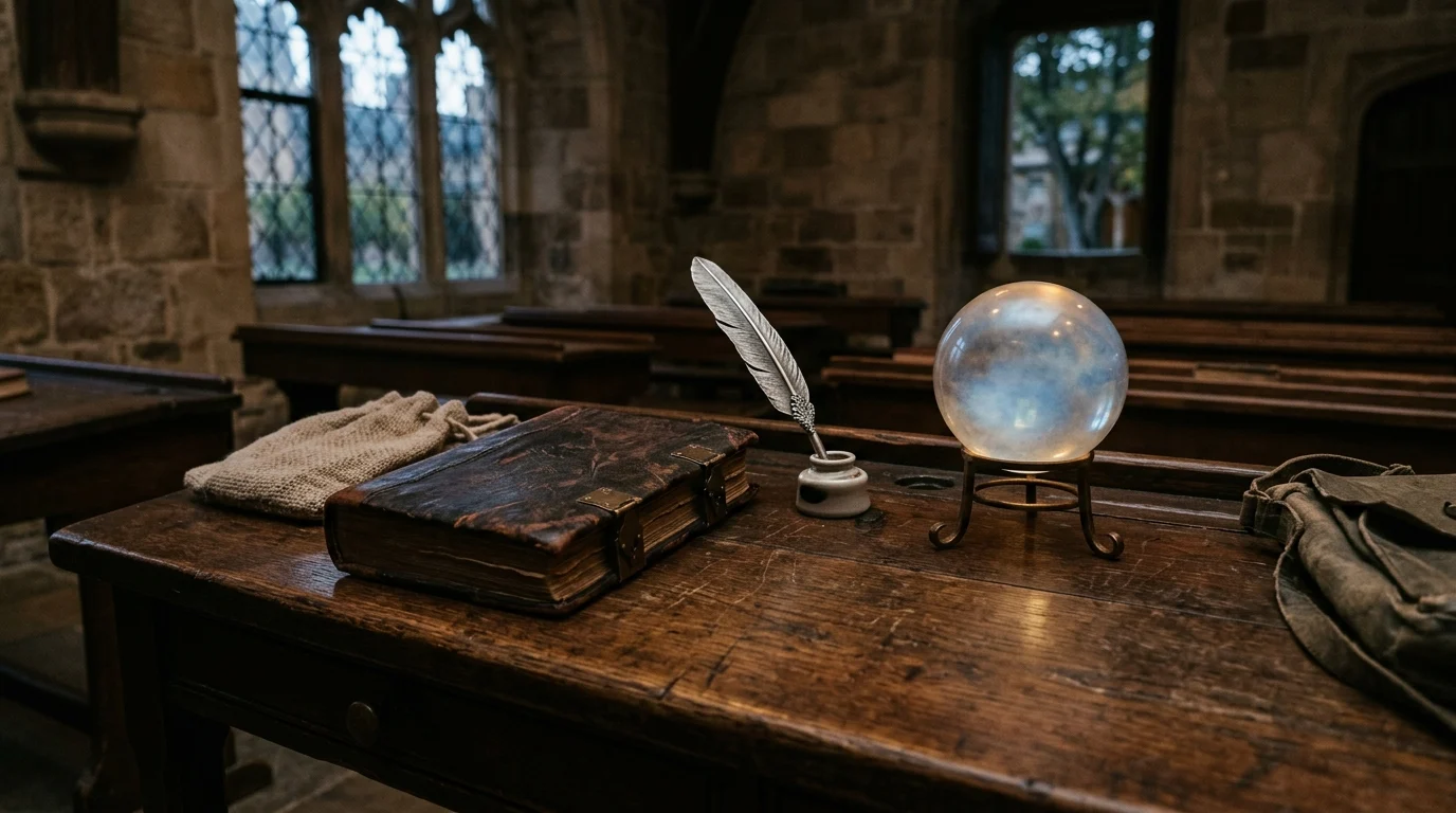 A dark wooden desk with a spellbook and glowing crystal ball.