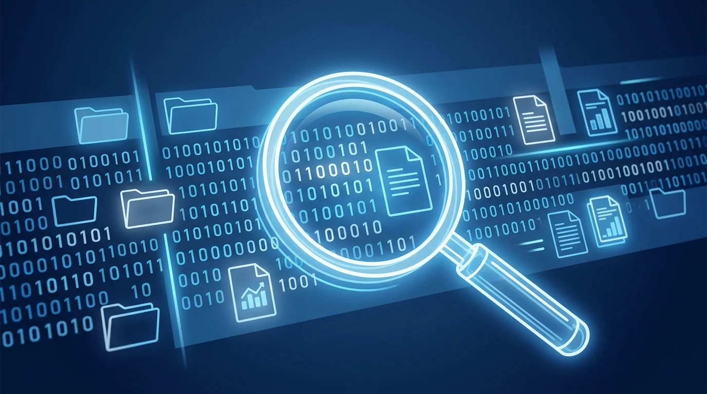 A conceptual image of a digital scanner searching through files.