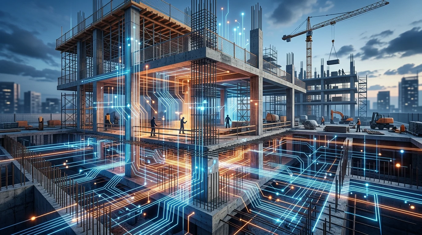 Abstract digital circuit lines forming the skeleton of a building.