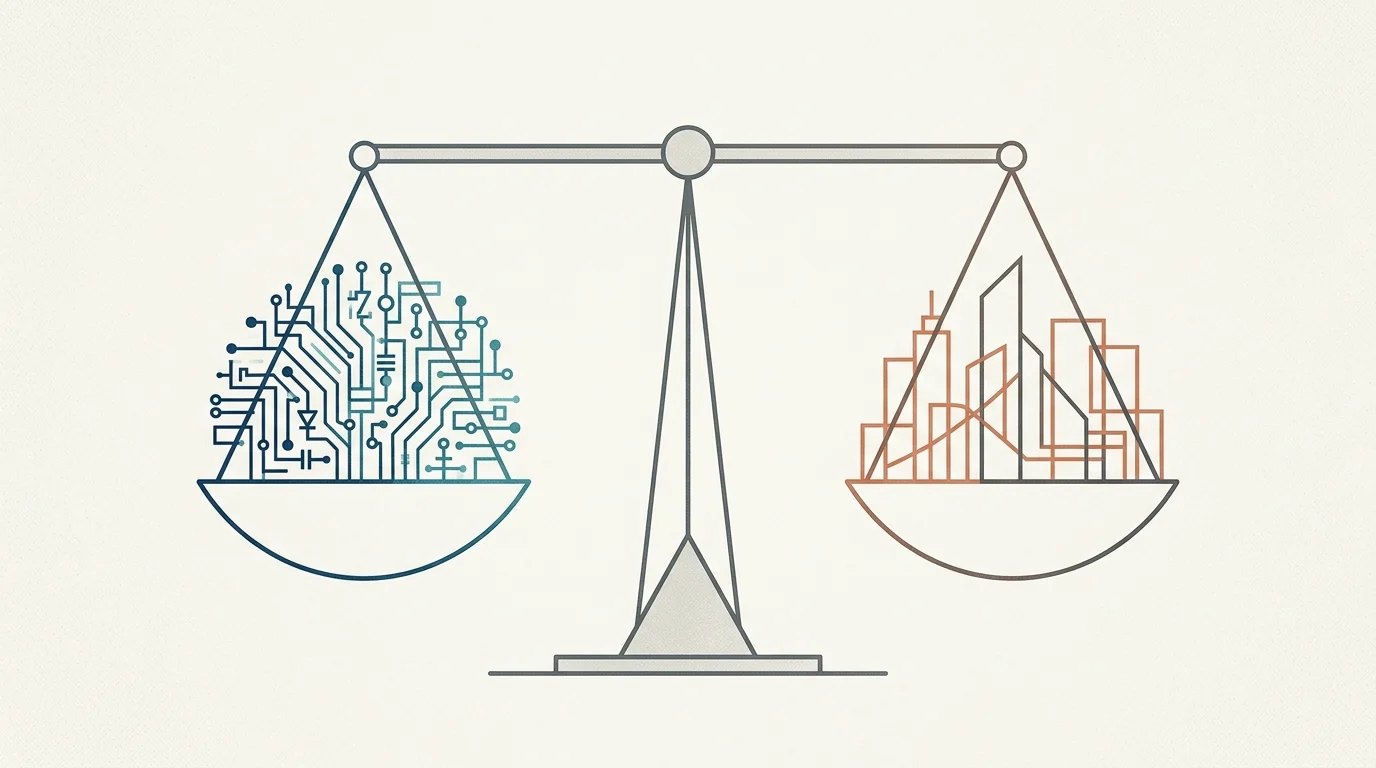 Conceptual artwork of a scale balancing technology and urban environments.