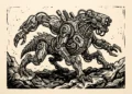 A black and cream woodcut style illustration of a biomechanical extraterrestrial creature.