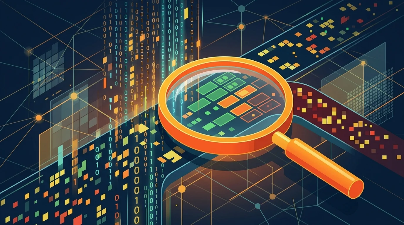 Abstract visualization of data being scanned by a magnifying glass.