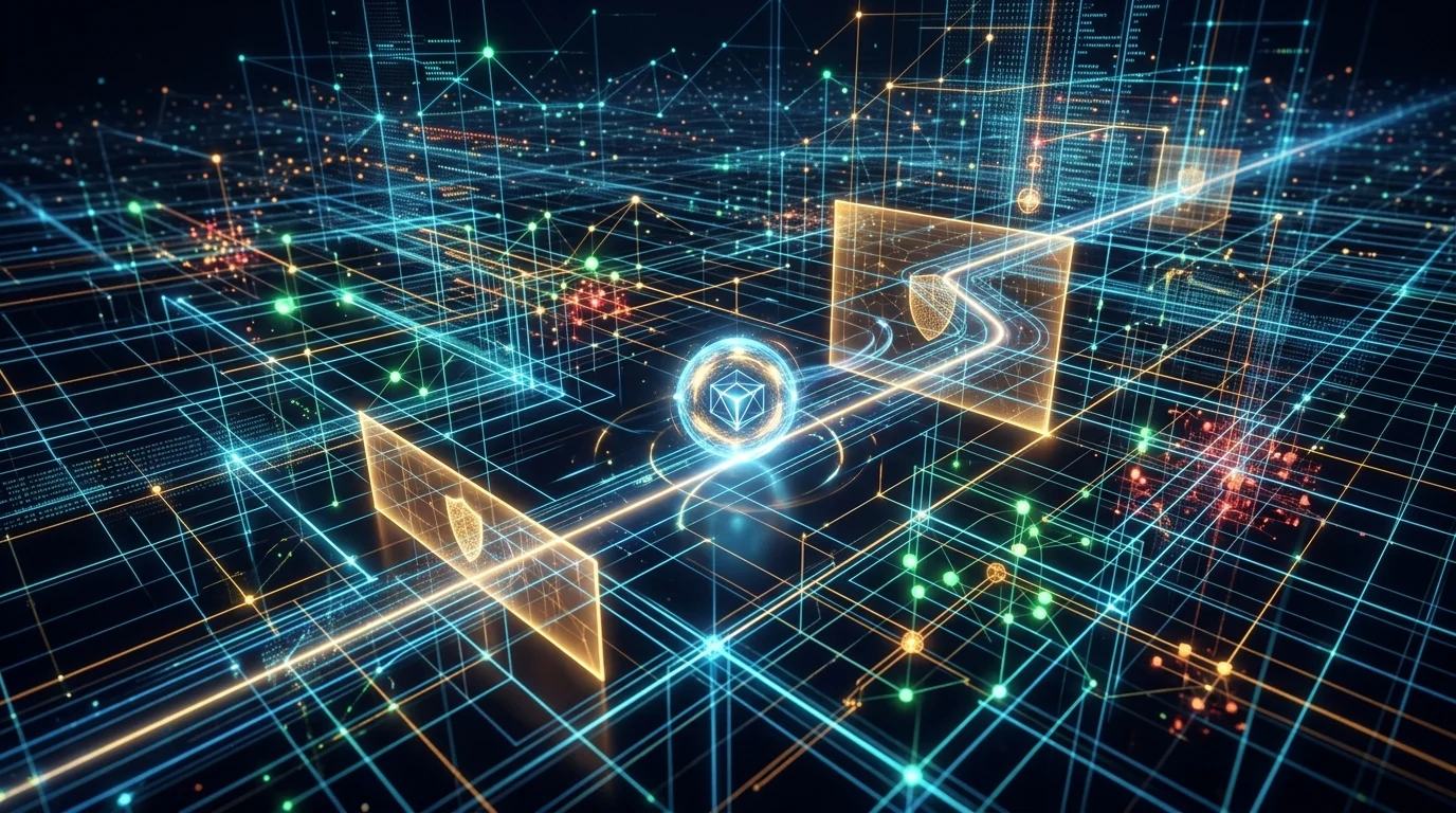 Abstract digital network representing autonomous AI system oversight.