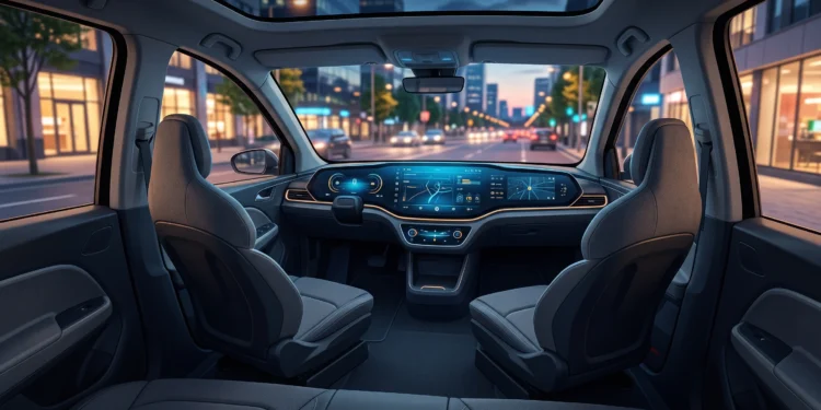 Conceptual illustration of an empty autonomous vehicle interior on a city street.
