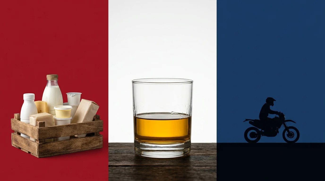 Still life of products affected by the trade ban including whiskey and dairy.