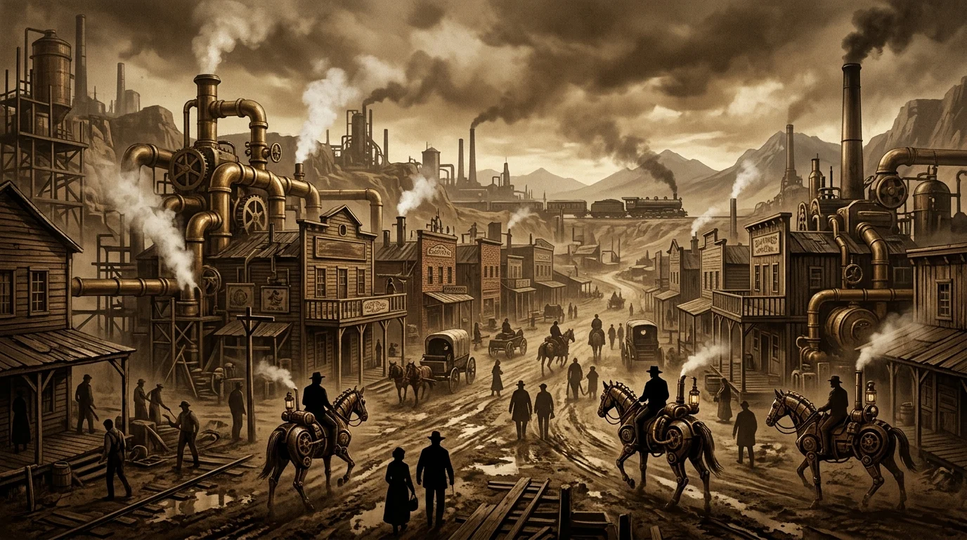 A conceptual reimagining of a steampunk western frontier.
