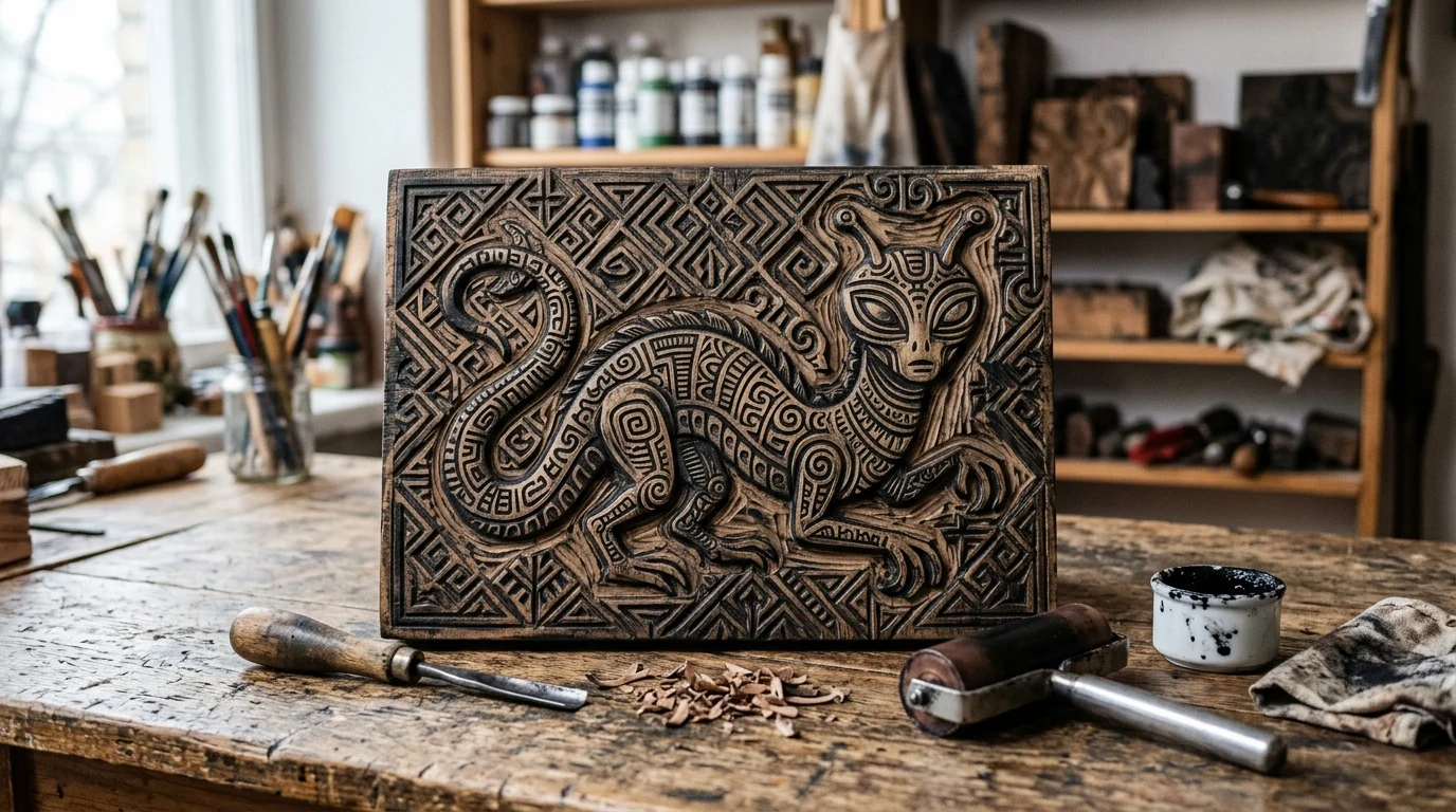 Close-up of a carved woodblock used for traditional printmaking featuring sci-fi patterns.