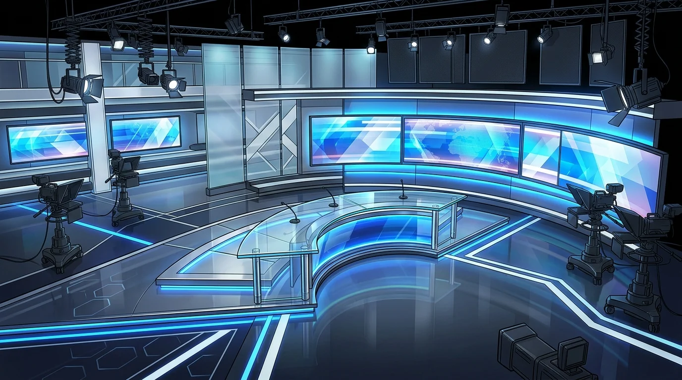 A conceptual view of a modern news broadcast studio set.