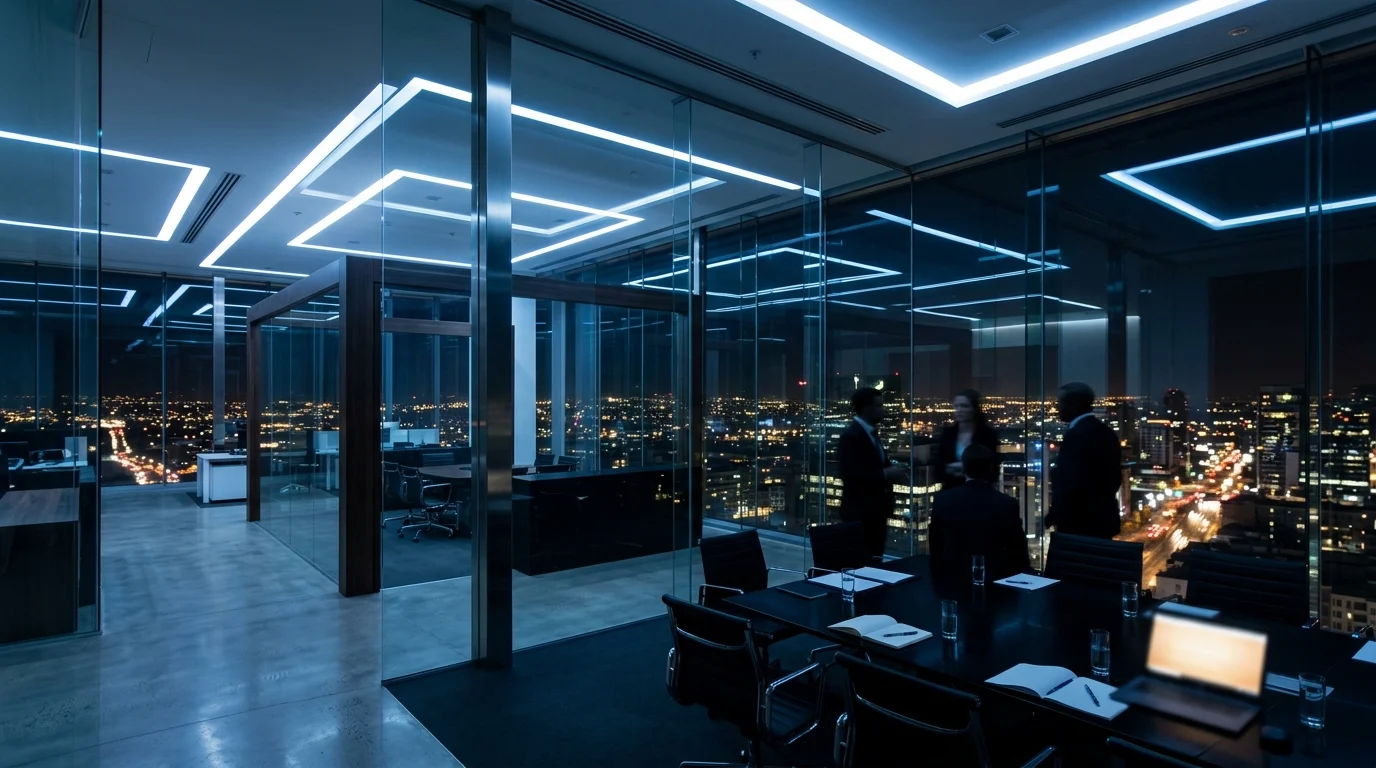 A dark, modern corporate law office with floor-to-ceiling windows showing city lights.