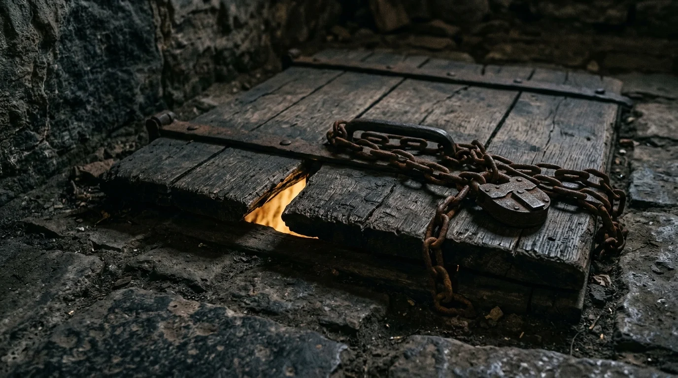 A chained cellar trapdoor with light leaking through the cracks.