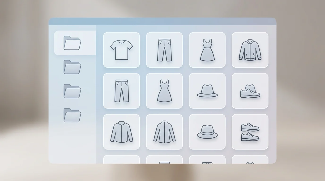 Conceptual representation of a digital wardrobe library with folders
