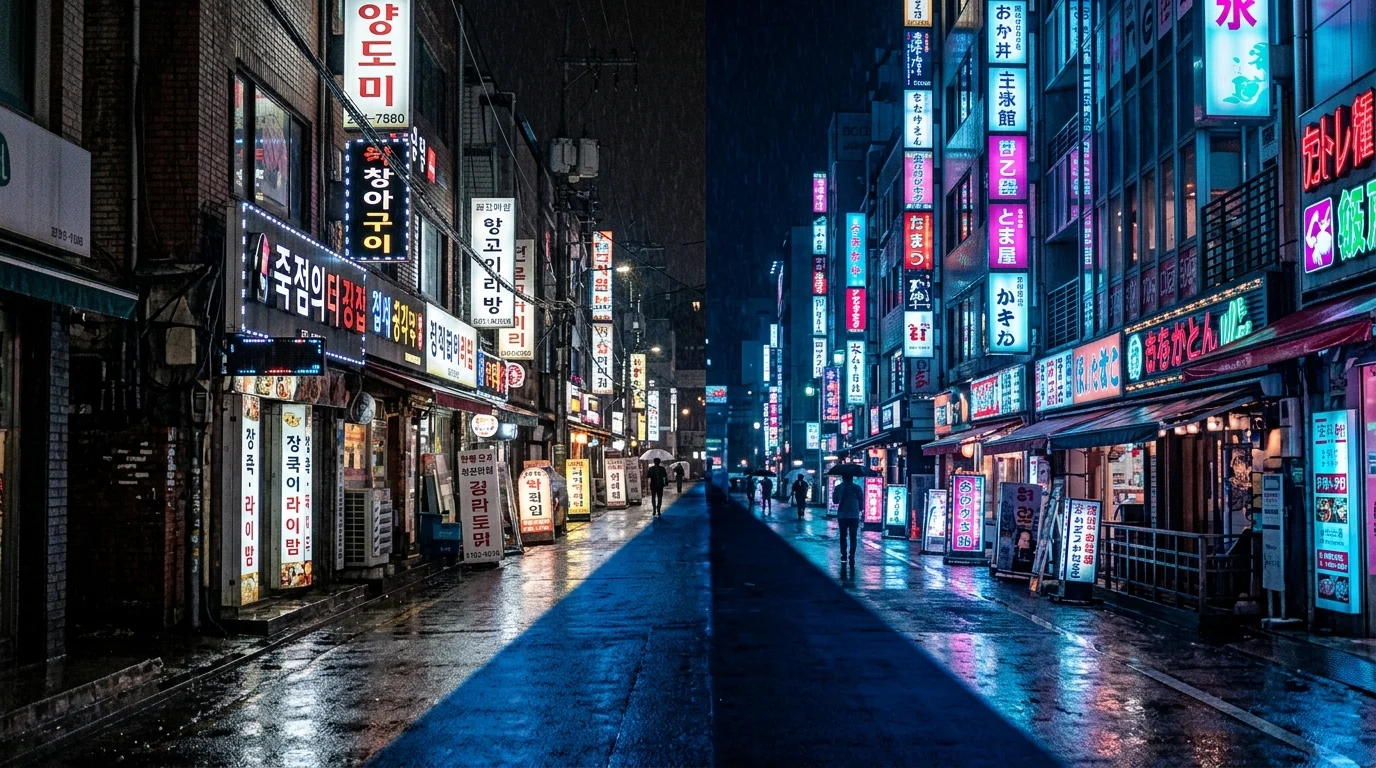 A conceptual representation of a cross-border investigation between Seoul and Tokyo.