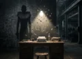 A dark industrial room with a desk under a spotlight surrounded by moths and a menacing shadow on the wall.