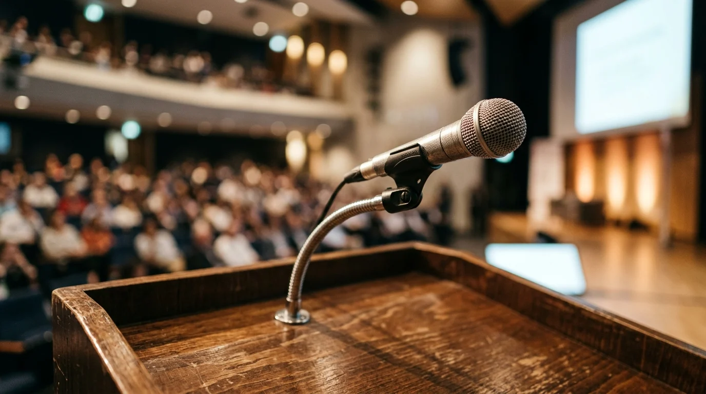 A close-up of a microphone on a podium in a lecture hall.