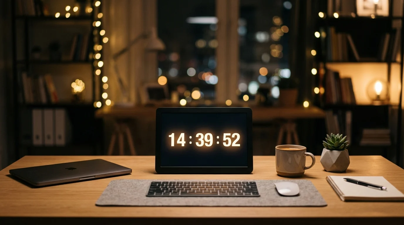 Conceptual image of an empty desk with a digital timer representing staff transition.