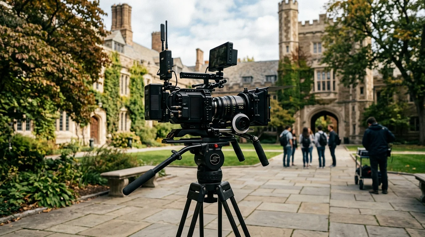 A professional film camera on a university campus set.