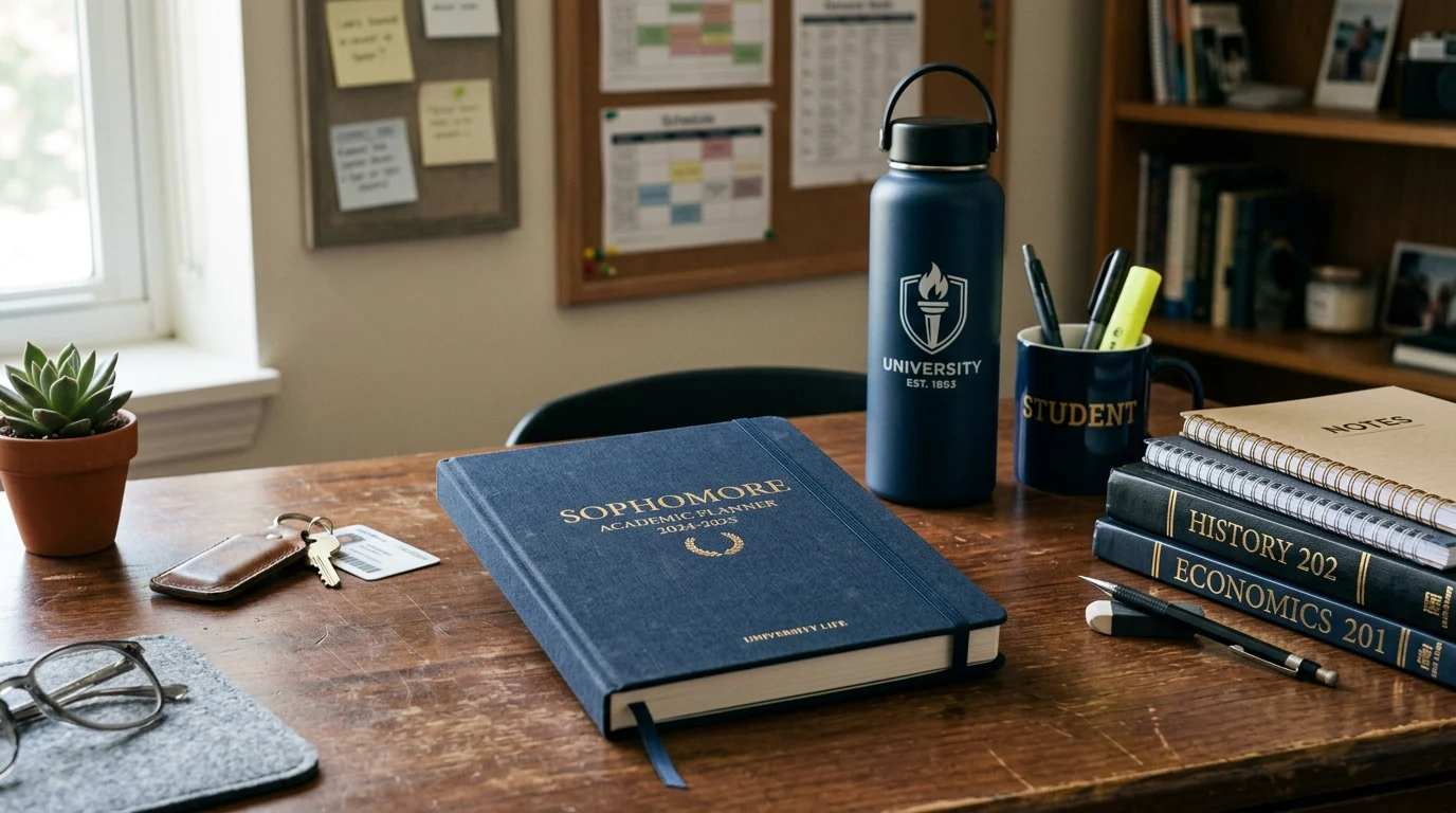 A sophomore academic planner on a student desk.