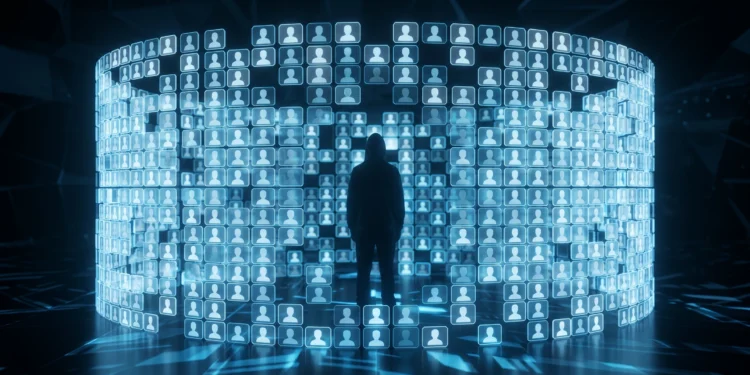 A conceptual representation of digital anonymity using a silhouette behind a wall of profile icons.