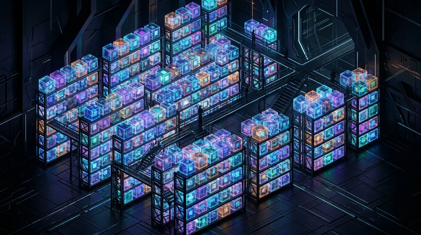 Abstract representation of a digital content library or catalog.